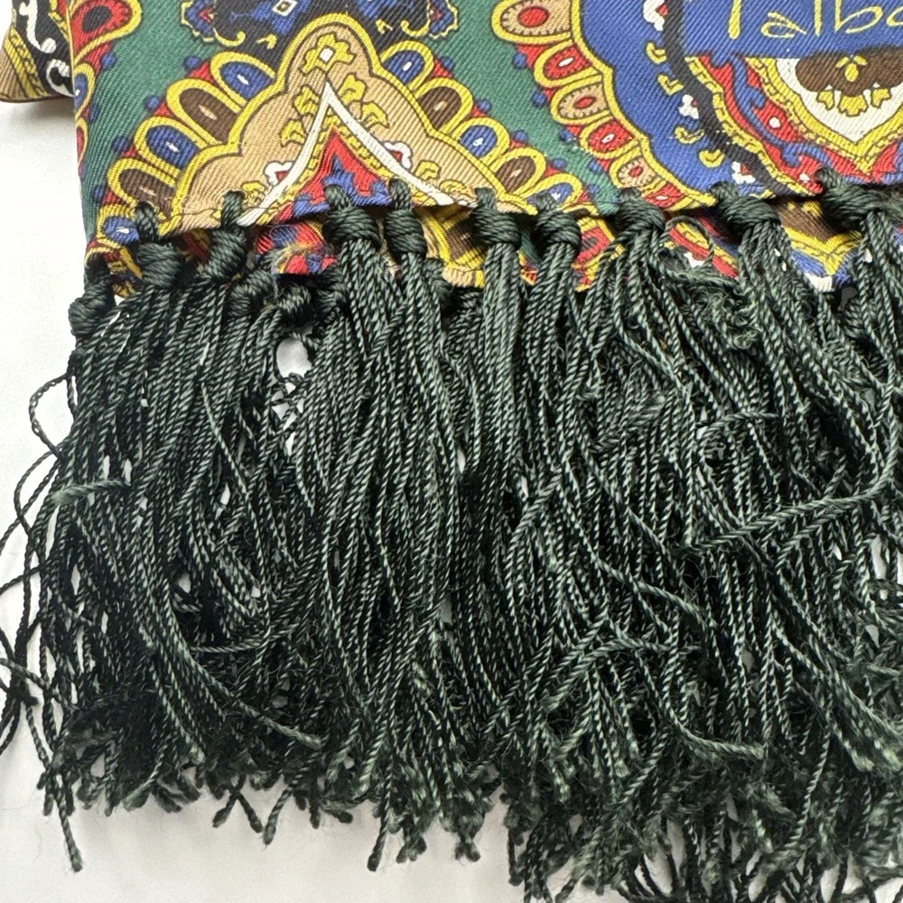 Talbots 100% Silk Fringe Scarf Green Paisley Medallion Print Women's Wrap